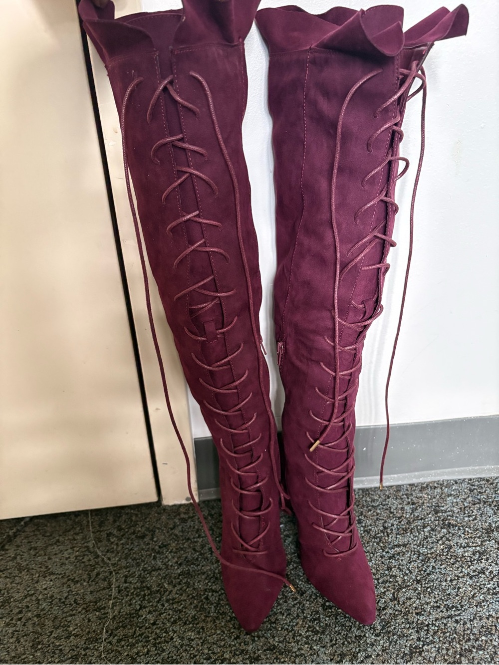 Qupid Over-the-Knee Lace-Up Heeled Boots - Wine